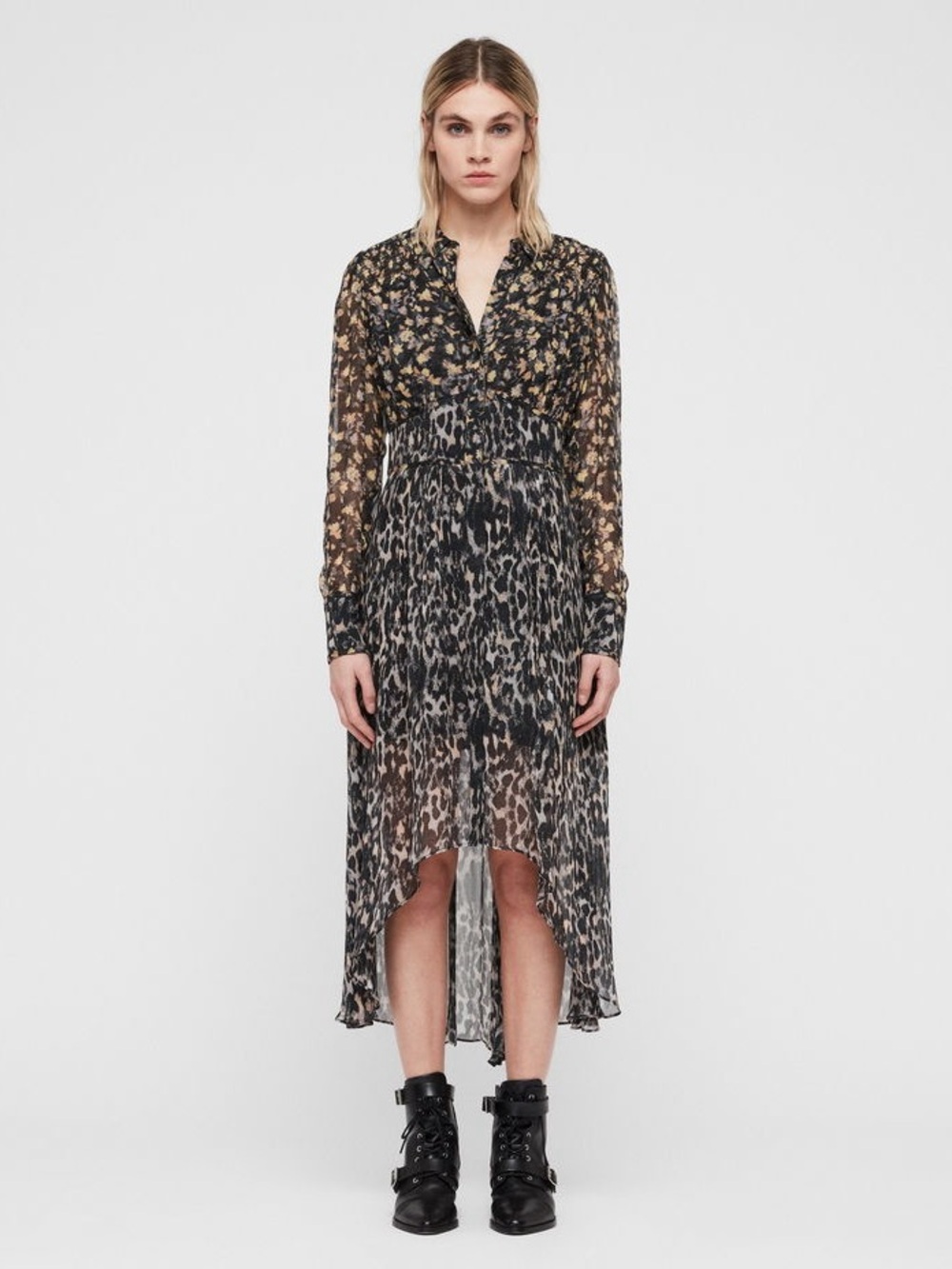 All Saints Black and Beige Mixed Print High-Low Dress